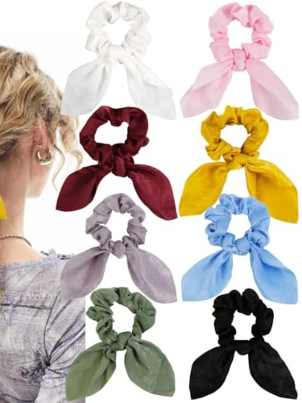 8 PCS Bow Hair Scrunchies Detachable Silky Satin Hair Ties